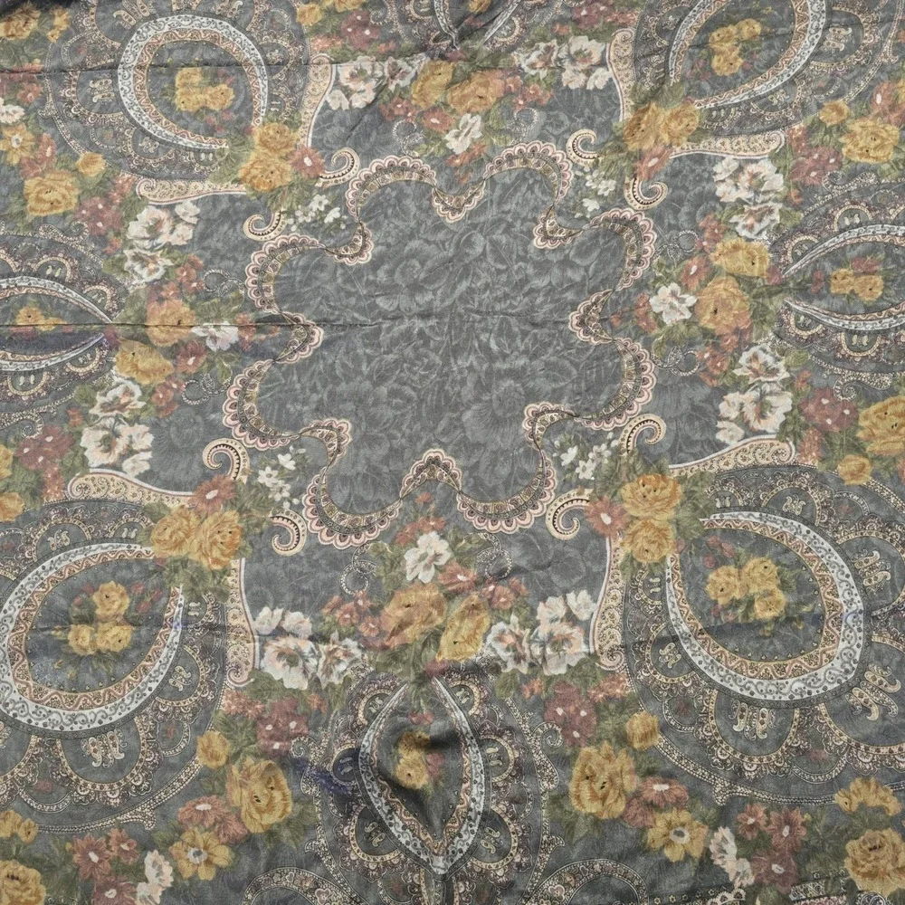 Vintage Floral Paisley Oversized Square Scarf Grey Yellow Rose 53x53 Shawl